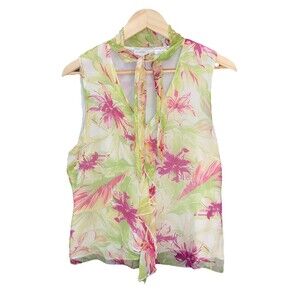 Silk Ruffle Tie Neck Beads Tank Top Sz 12 Pastel Pink Green Floral Romance Fairy